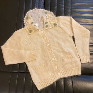 Vintage flounce ruffle collar embroidered flowers cardigan in cream